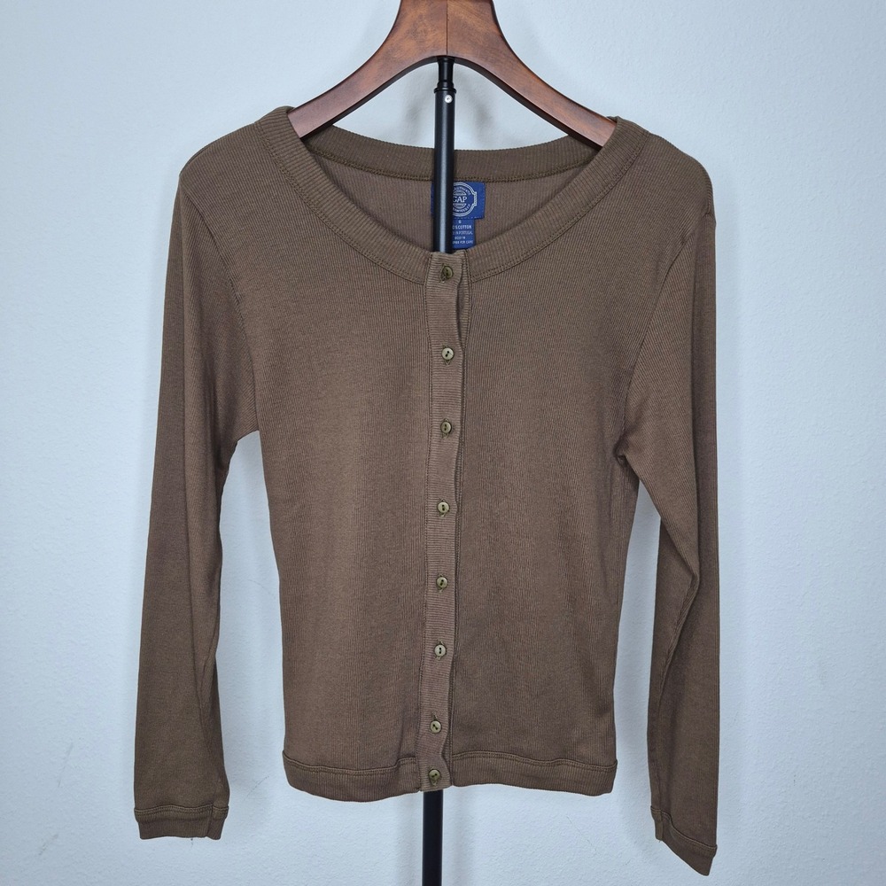 Vintage 90s Gap Brown Ribbed Cotton Cardigan Sweater Button Front Portugal Sz S